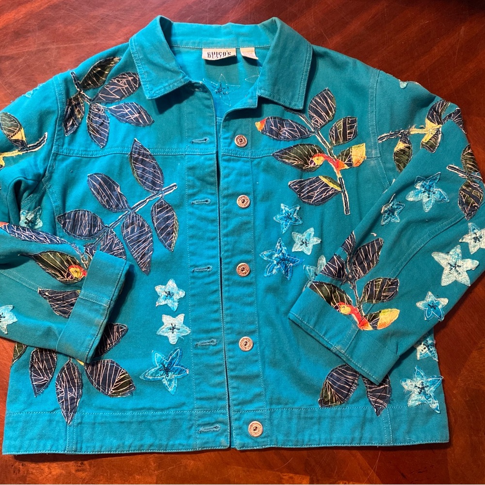 Chico's Blue Jean Jacket with Embroidered Floral Design